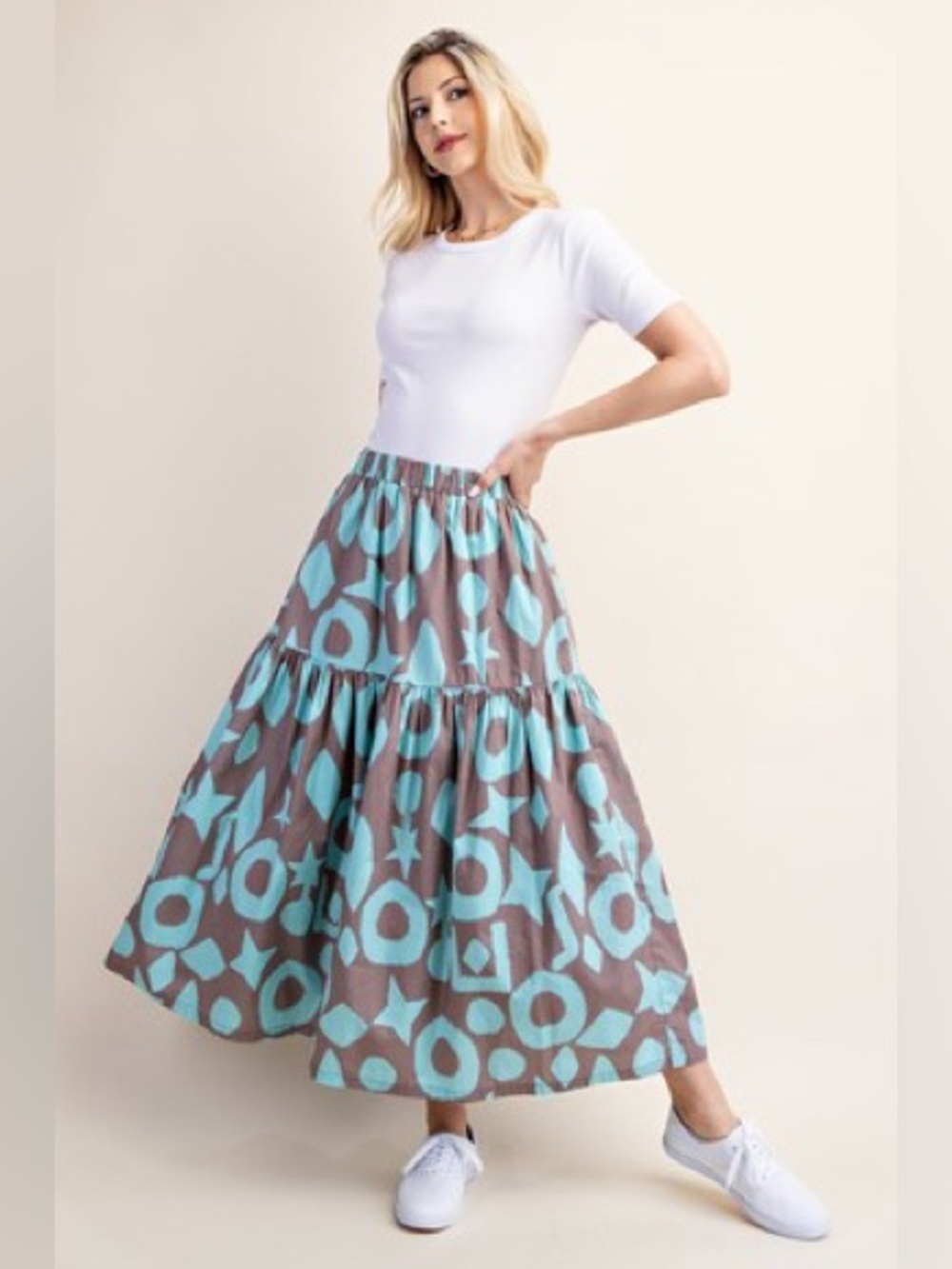 Boutique Geometric Print Tiered Maxi Skirt Taupe Turquoise Boho Resort L